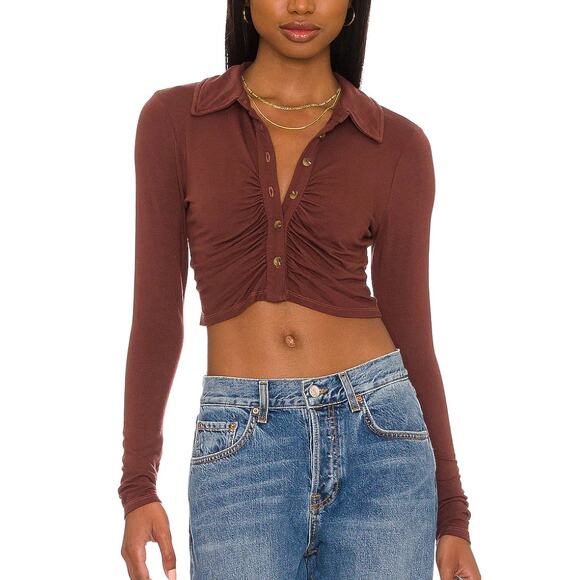 Lovers + Friends Brown Crop Button Up Top XS Ruched Long Sleeve Bodycon $128 - Picture 1 of 8